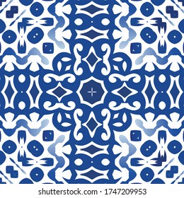 Decorative color ceramic azulejo tiles. Stylish design. Vector seamless pattern frame. Blue folk ethnic ornament for print, web background, surface texture, towels, pillows, wallpaper.