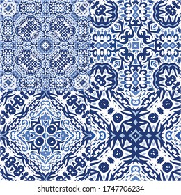 Decorative color ceramic azulejo tiles. Set of vector seamless patterns. Minimal design. Blue ethnic backgrounds for T-shirts, scrapbooking, linens, smartphone cases or bags.