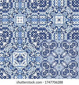 Decorative color ceramic azulejo tiles. Set of vector seamless patterns. Bathroom design. Blue folk ethnic ornaments for print, web background, surface texture, towels, pillows, wallpaper.
