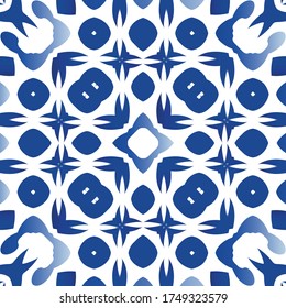 Decorative color ceramic azulejo tiles. Graphic design. Vector seamless pattern flyer. Blue folk ethnic ornament for print, web background, surface texture, towels, pillows, wallpaper.