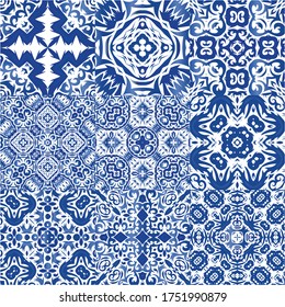 Decorative color ceramic azulejo tiles. Set of vector seamless patterns. Original design. Blue folk ethnic ornaments for print, web background, surface texture, towels, pillows, wallpaper.