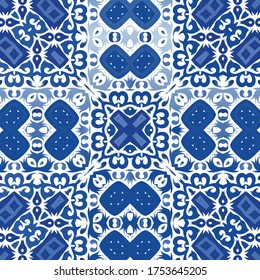 Decorative color ceramic azulejo tiles. Graphic design. Vector seamless pattern trellis. Blue folk ethnic ornament for print, web background, surface texture, towels, pillows, wallpaper.