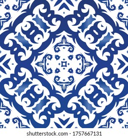 Decorative color ceramic azulejo tiles. Vector seamless pattern illustration. Geometric design. Blue folk ethnic ornament for print, web background, surface texture, towels, pillows, wallpaper.