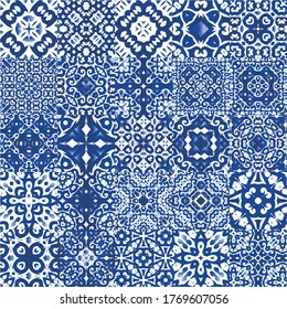 Decorative color ceramic azulejo tiles. Graphic design. Set of vector seamless patterns. Blue folk ethnic ornaments for print, web background, surface texture, towels, pillows, wallpaper.