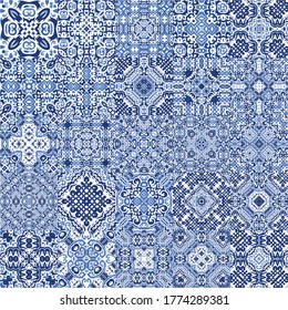 Decorative color ceramic azulejo tiles. Colored design. Kit of vector seamless patterns. Blue folk ethnic ornaments for print, web background, surface texture, towels, pillows, wallpaper.