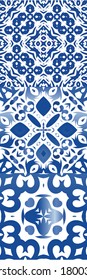 Decorative color ceramic azulejo tiles. Set of vector seamless patterns. Stylish design. Blue folk ethnic ornaments for print, web background, surface texture, towels, pillows, wallpaper.