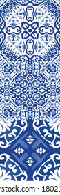 Decorative color ceramic azulejo tiles. Kit of vector seamless patterns. Geometric design. Blue folk ethnic ornaments for print, web background, surface texture, towels, pillows, wallpaper.