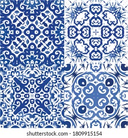 Decorative color ceramic azulejo tiles. Stylish design. Kit of vector seamless patterns. Blue folk ethnic ornaments for print, web background, surface texture, towels, pillows, wallpaper.