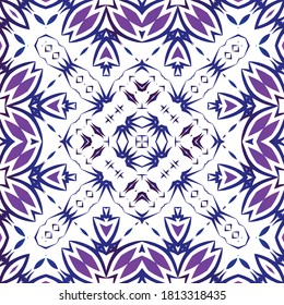 Decorative color ceramic azulejo tiles. Vector seamless pattern collage. Hand drawn design. Blue folk ethnic ornament for print, web background, surface texture, towels, pillows, wallpaper.