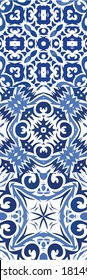 Decorative color ceramic azulejo tiles. Original design. Collection of vector seamless patterns. Blue folk ethnic ornaments for print, web background, surface texture, towels, pillows, wallpaper.