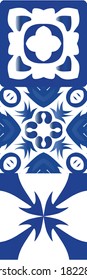 Decorative color ceramic azulejo tiles. Kit of vector seamless patterns. Graphic design. Blue folk ethnic ornaments for print, web background, surface texture, towels, pillows, wallpaper.