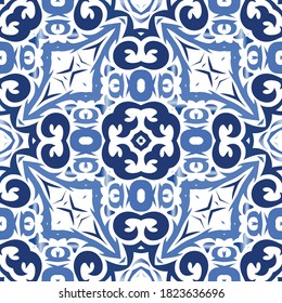 Decorative color ceramic azulejo tiles. Vector seamless pattern texture. Kitchen design. Blue folk ethnic ornament for print, web background, surface texture, towels, pillows, wallpaper.