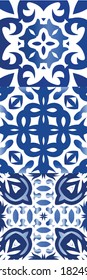 Decorative color ceramic azulejo tiles. Kit of vector seamless patterns. Minimal design. Blue folk ethnic ornaments for print, web background, surface texture, towels, pillows, wallpaper.