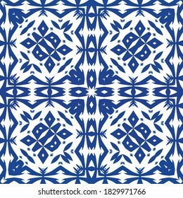 Decorative color ceramic azulejo tiles. Modern design. Vector seamless pattern template. Blue folk ethnic ornament for print, web background, surface texture, towels, pillows, wallpaper.