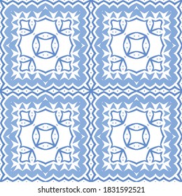 Decorative color ceramic azulejo tiles. Vector seamless pattern collage. Hand drawn design. Blue folk ethnic ornament for print, web background, surface texture, towels, pillows, wallpaper.