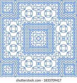 Decorative color ceramic azulejo tiles. Vector seamless pattern collage. Hand drawn design. Blue folk ethnic ornament for print, web background, surface texture, towels, pillows, wallpaper.