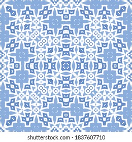 Decorative color ceramic azulejo tiles. Vector seamless pattern collage. Hand drawn design. Blue folk ethnic ornament for print, web background, surface texture, towels, pillows, wallpaper.
