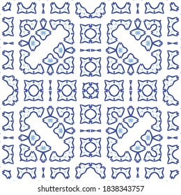 Decorative color ceramic azulejo tiles. Creative design. Vector seamless pattern watercolor. Blue folk ethnic ornament for print, web background, surface texture, towels, pillows, wallpaper.