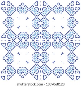 Decorative color ceramic azulejo tiles. Creative design. Vector seamless pattern watercolor. Blue folk ethnic ornament for print, web background, surface texture, towels, pillows, wallpaper.