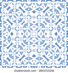 Decorative color ceramic azulejo tiles. Vector seamless pattern collage. Hand drawn design. Blue folk ethnic ornament for print, web background, surface texture, towels, pillows, wallpaper.