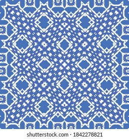 Decorative color ceramic azulejo tiles. Vector seamless pattern collage. Hand drawn design. Blue folk ethnic ornament for print, web background, surface texture, towels, pillows, wallpaper.