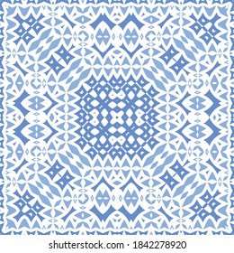Decorative color ceramic azulejo tiles. Vector seamless pattern collage. Hand drawn design. Blue folk ethnic ornament for print, web background, surface texture, towels, pillows, wallpaper.