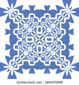 Decorative color ceramic azulejo tiles. Stylish design. Vector seamless pattern arabesque. Blue folk ethnic ornament for print, web background, surface texture, towels, pillows, wallpaper.