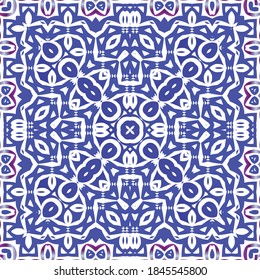 Decorative color ceramic azulejo tiles. Creative design. Vector seamless pattern concept. Blue folk ethnic ornament for print, web background, surface texture, towels, pillows, wallpaper.