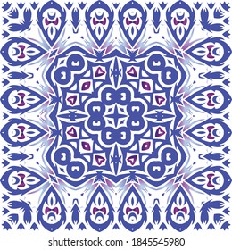 Decorative color ceramic azulejo tiles. Universal design. Vector seamless pattern texture. Blue folk ethnic ornament for print, web background, surface texture, towels, pillows, wallpaper.