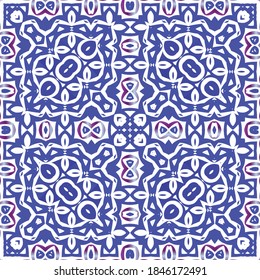 Decorative color ceramic azulejo tiles. Creative design. Vector seamless pattern concept. Blue folk ethnic ornament for print, web background, surface texture, towels, pillows, wallpaper.