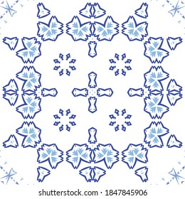 Decorative color ceramic azulejo tiles. Creative design. Vector seamless pattern watercolor. Blue folk ethnic ornament for print, web background, surface texture, towels, pillows, wallpaper.