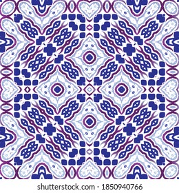 Decorative color ceramic azulejo tiles. Universal design. Vector seamless pattern texture. Blue folk ethnic ornament for print, web background, surface texture, towels, pillows, wallpaper.