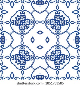 Decorative color ceramic azulejo tiles. Fashionable design. Vector seamless pattern poster. Blue folk ethnic ornament for print, web background, surface texture, towels, pillows, wallpaper.