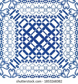 Decorative color ceramic azulejo tiles. Stylish design. Vector seamless pattern arabesque. Blue folk ethnic ornament for print, web background, surface texture, towels, pillows, wallpaper.
