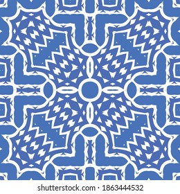 Decorative color ceramic azulejo tiles. Vector seamless pattern collage. Hand drawn design. Blue folk ethnic ornament for print, web background, surface texture, towels, pillows, wallpaper.