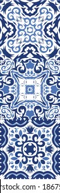 Decorative color ceramic azulejo tiles. Graphic design. Set of vector seamless patterns. Blue folk ethnic ornaments for print, web background, surface texture, towels, pillows, wallpaper.
