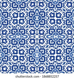 Decorative color ceramic azulejo tiles. Vector seamless pattern trellis. Universal design. Blue folk ethnic ornament for print, web background, surface texture, towels, pillows, wallpaper.