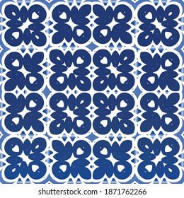 Decorative color ceramic azulejo tiles. Vector seamless pattern flyer. Graphic design. Blue folk ethnic ornament for print, web background, surface texture, towels, pillows, wallpaper.