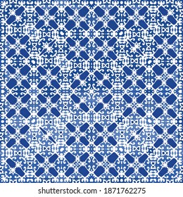 Decorative color ceramic azulejo tiles. Vector seamless pattern watercolor. Creative design. Blue folk ethnic ornament for print, web background, surface texture, towels, pillows, wallpaper.
