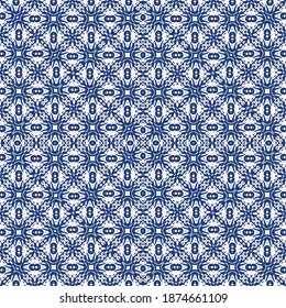 Decorative color ceramic azulejo tiles. Vector seamless pattern frame. Kitchen design. Blue folk ethnic ornament for print, web background, surface texture, towels, pillows, wallpaper.