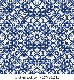 Decorative color ceramic azulejo tiles. Vector seamless pattern frame. Kitchen design. Blue folk ethnic ornament for print, web background, surface texture, towels, pillows, wallpaper.