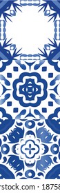 Decorative color ceramic azulejo tiles. Collection of vector seamless patterns. Original design. Blue folk ethnic ornaments for print, web background, surface texture, towels, pillows, wallpaper.