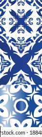 Decorative color ceramic azulejo tiles. Collection of vector seamless patterns. Graphic design. Blue folk ethnic ornaments for print, web background, surface texture, towels, pillows, wallpaper.