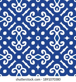 Decorative color ceramic azulejo tiles. Vector seamless pattern frame. Stylish design. Blue folk ethnic ornament for print, web background, surface texture, towels, pillows, wallpaper.