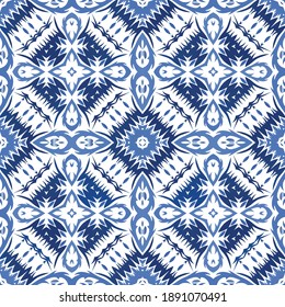 Decorative color ceramic azulejo tiles. Universal design. Vector seamless pattern poster. Blue folk ethnic ornament for print, web background, surface texture, towels, pillows, wallpaper.