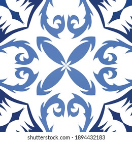Decorative color ceramic azulejo tiles. Fashionable design. Vector seamless pattern concept. Blue folk ethnic ornament for print, web background, surface texture, towels, pillows, wallpaper.