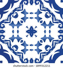 Decorative color ceramic azulejo tiles. Creative design. Vector seamless pattern elements. Blue folk ethnic ornament for print, web background, surface texture, towels, pillows, wallpaper.