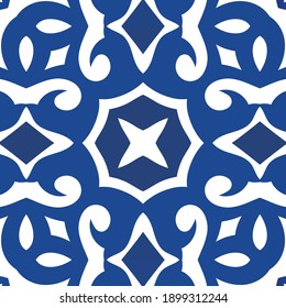 Decorative color ceramic azulejo tiles. Vector seamless pattern texture. Original design. Blue folk ethnic ornament for print, web background, surface texture, towels, pillows, wallpaper.