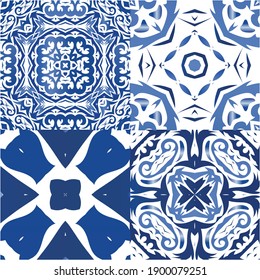 Decorative color ceramic azulejo tiles. Collection of vector seamless patterns. Geometric design. Blue folk ethnic ornaments for print, web background, surface texture, towels, pillows, wallpaper.