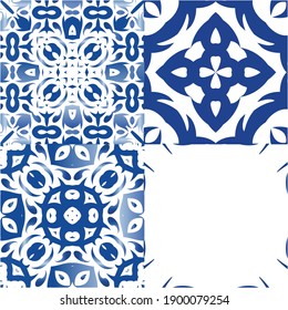 Decorative color ceramic azulejo tiles. Kit of vector seamless patterns. Creative design. Blue folk ethnic ornaments for print, web background, surface texture, towels, pillows, wallpaper.